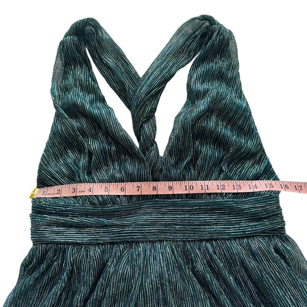 NWT LULUS Sz L Women Ailey Metallic Gold Teal Twist Back Skater Dress L 17D1756 - Picture 13 of 16